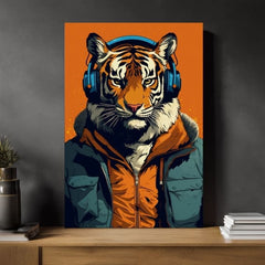 Moderan slika na platnu s motivom Tiger Vibes, tigar, slušalice, sako u narandžasto-plavih nijansama, priroda | Slika Tiger Vibes – proizvod