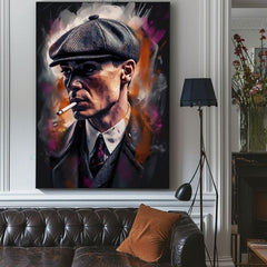 Ručno slikan slika na platnu s motivom Tommy Shelby: Kralj ulíc, cigara u sivo-crnih nijansama | Slika Tommy Shelby: Kralj ulíc – proizvod