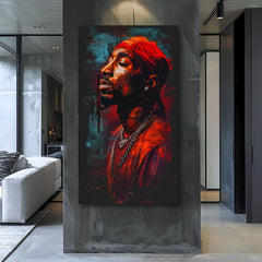 Ručno slikan slika na platnu s motivom Tupac Shakur - Ikona za mikrofónom u crveno-crnih nijansama, intenzivna atmosfera | Slika Tupac Shakur - Ikona za mikrofónom – proizvod, pogled 2