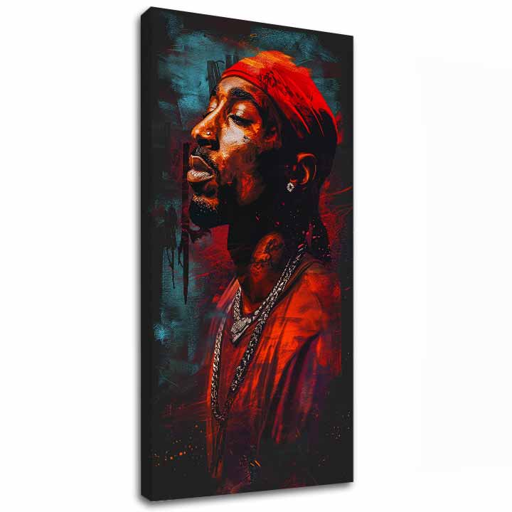 Ručno slikan slika na platnu s motivom Tupac Shakur - Ikona za mikrofónom u crveno-crnih nijansama, intenzivna atmosfera | Slika Tupac Shakur - Ikona za mikrofónom – glavna