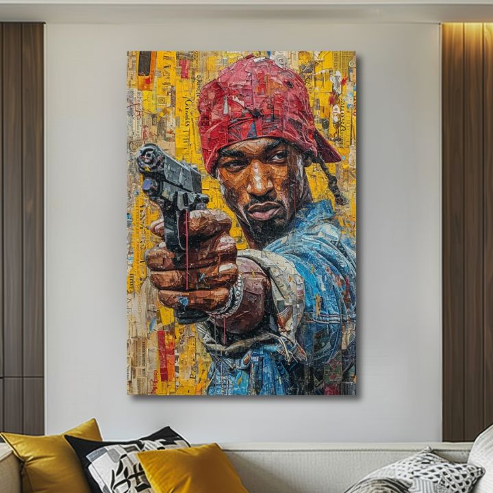 Ručno slikan slika na platnu s motivom Tupac Shakur - Rapová gangster u žuto-crvenih nijansama, gradski život | Slika Tupac Shakur - Rapová gangster – proizvod, pogled 2