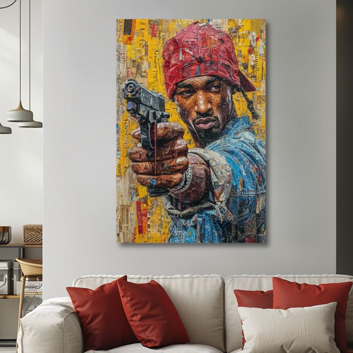 Ručno slikan slika na platnu s motivom Tupac Shakur - Rapová gangster u žuto-crvenih nijansama, gradski život | Slika Tupac Shakur - Rapová gangster – proizvod