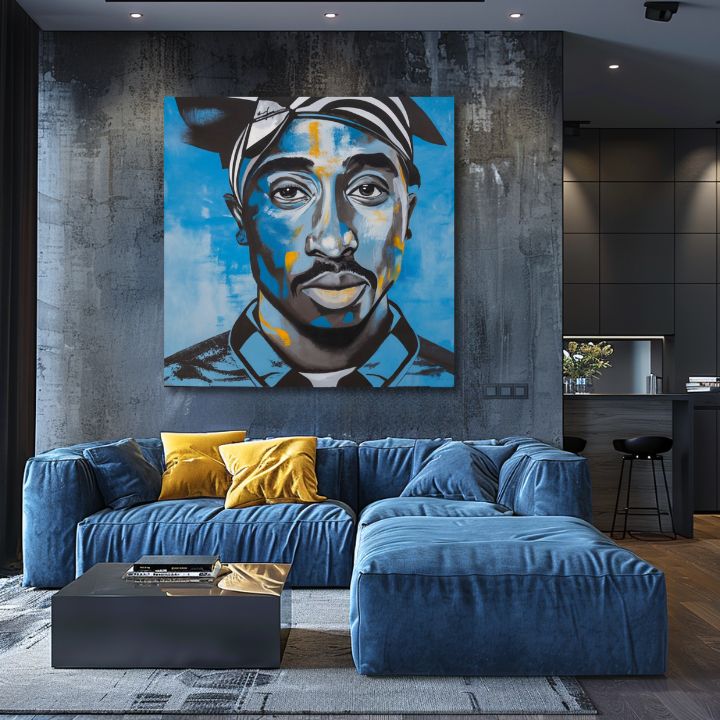 Ručno slikan slika na platnu s motivom Tupac Shakur - Rapper v nebi u crno-bijelih nijansama, intenzivna atmosfera | Slika Tupac Shakur - Rapper v nebi – proizvod