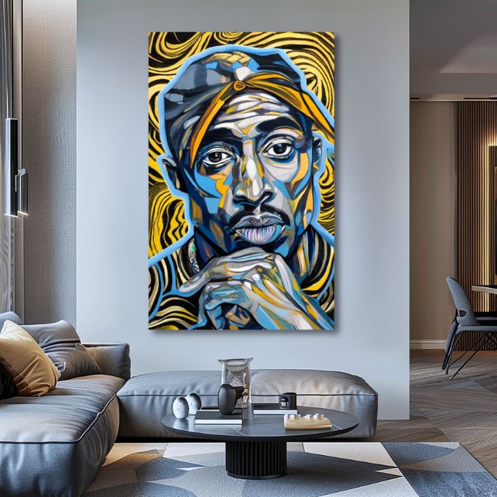 Ručno slikan slika na platnu s motivom Tupac Shakur - Zlaté tóny rapu u zlatno-crnih nijansama, intenzivna atmosfera, slava | Slika Tupac Shakur - Zlaté tóny rapu – proizvod