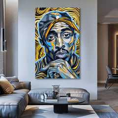 Ručno slikan slika na platnu s motivom Tupac Shakur - Zlaté tóny rapu u zlatno-crnih nijansama, intenzivna atmosfera, slava | Slika Tupac Shakur - Zlaté tóny rapu – proizvod