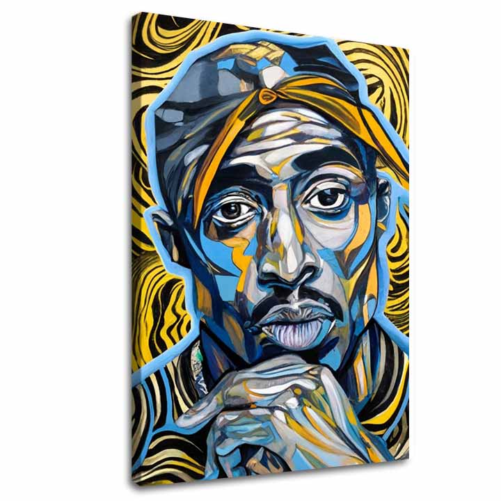 Ručno slikan slika na platnu s motivom Tupac Shakur - Zlaté tóny rapu u zlatno-crnih nijansama, intenzivna atmosfera, slava | Slika Tupac Shakur - Zlaté tóny rapu – glavna