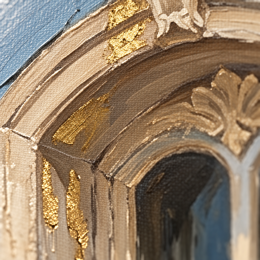 Makro detalj ručno oslikanih impasto poteza akrilnom bojom na površini slike, vidljiva tekstura i reljef — Papilora Crafted for Home.