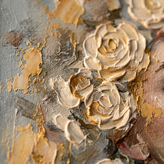 Makro detalj ručno oslikanih impasto poteza akrilnom bojom na površini cvjetova, vidljiva tekstura i reljef — Papilora Crafted for Home.