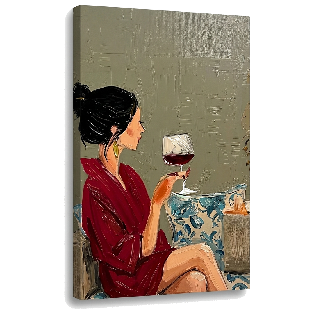 Slika žene sa čašom vina na platnu – 3D vizualizacija sa vidljivim drvenim ramom, Papilora Premium Art.