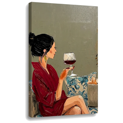 Slika žene sa čašom vina na platnu – 3D vizualizacija sa vidljivim drvenim ramom, Papilora Premium Art.