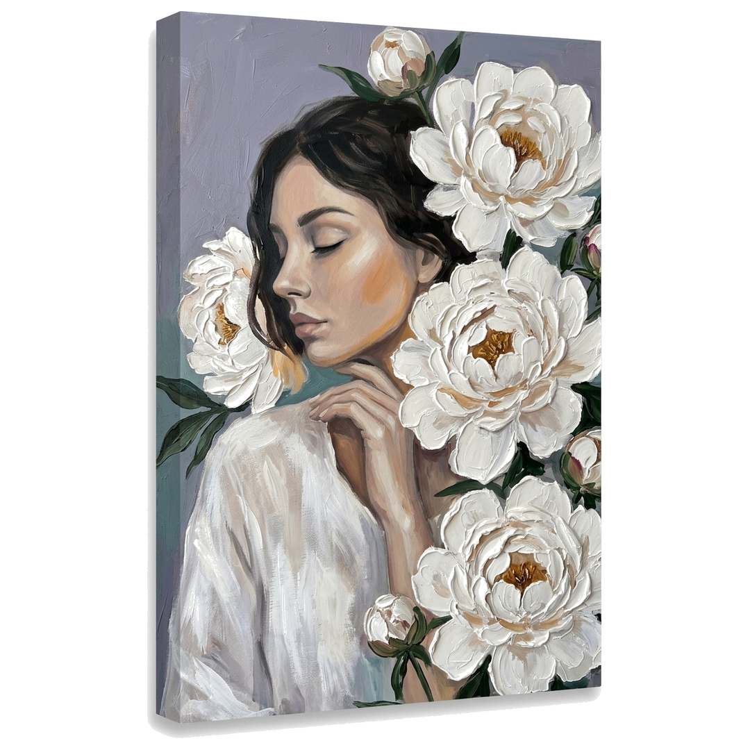 Slika žene sa velikim belim cvetovima na platnu – 3D prikaz canvasa sa vidljivim drvenim ramom, Papilora Premium Art.