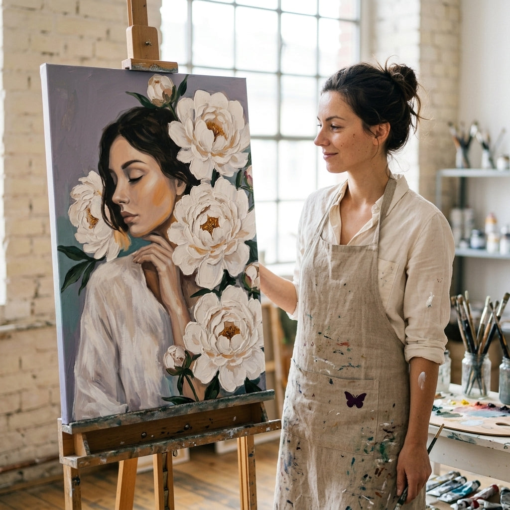 Umetnica u Papilora ateljeu pored drvenog štafelaja sa gotovom slikom žene sa belim cvetovima, prirodno dnevno svetlo.