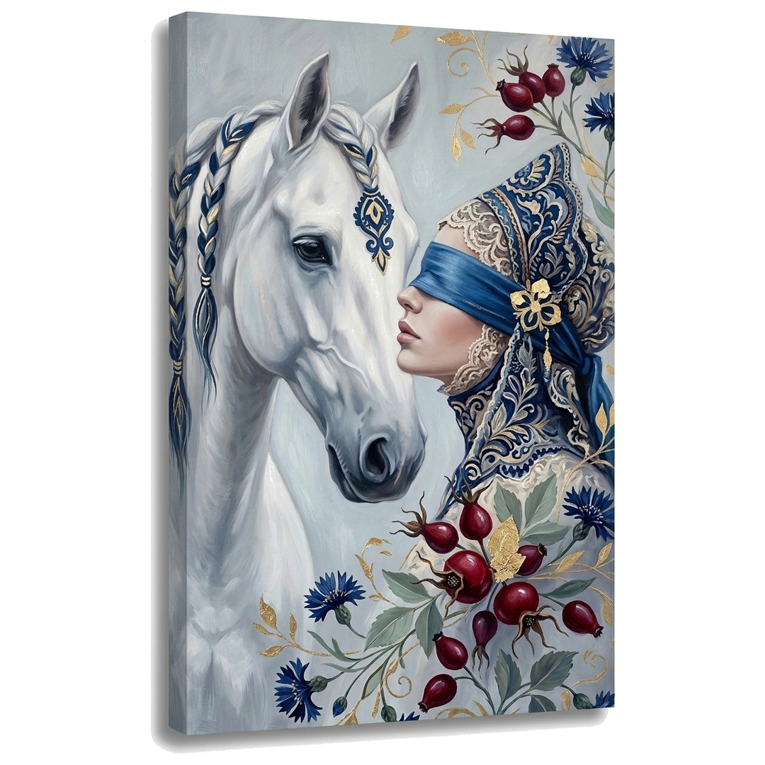 Slika žene sa povezom preko očiju pored belog konja na platnu — 3D vizuelizacija platna sa vidljivim drvenim ramom, Papilora Premium Art.