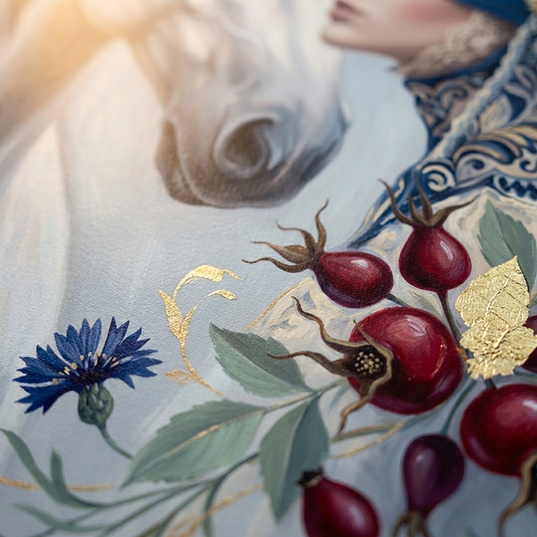 Makro detalj ručno oslikanih impasto poteza akrilnom bojom na površini cvetova, vidljiva tekstura i reljef — Papilora Crafted for Home.