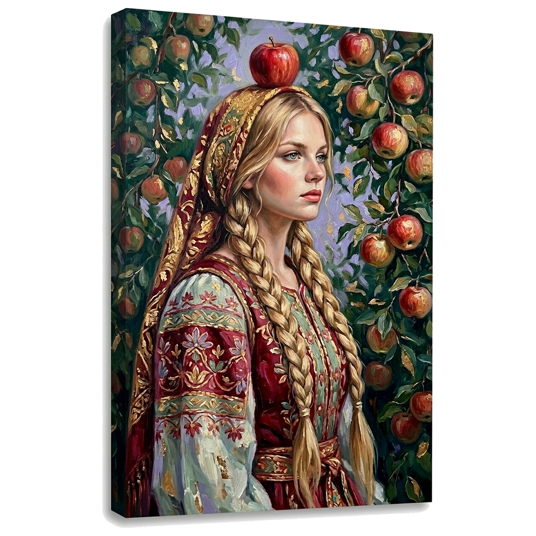 Slika mlade žene u tradicionalnoj narodnoj nošnji s jabukom na platnu — 3D vizualizacija canvasa sa vidljivim drvenim ramom, Papilora Premium Art.