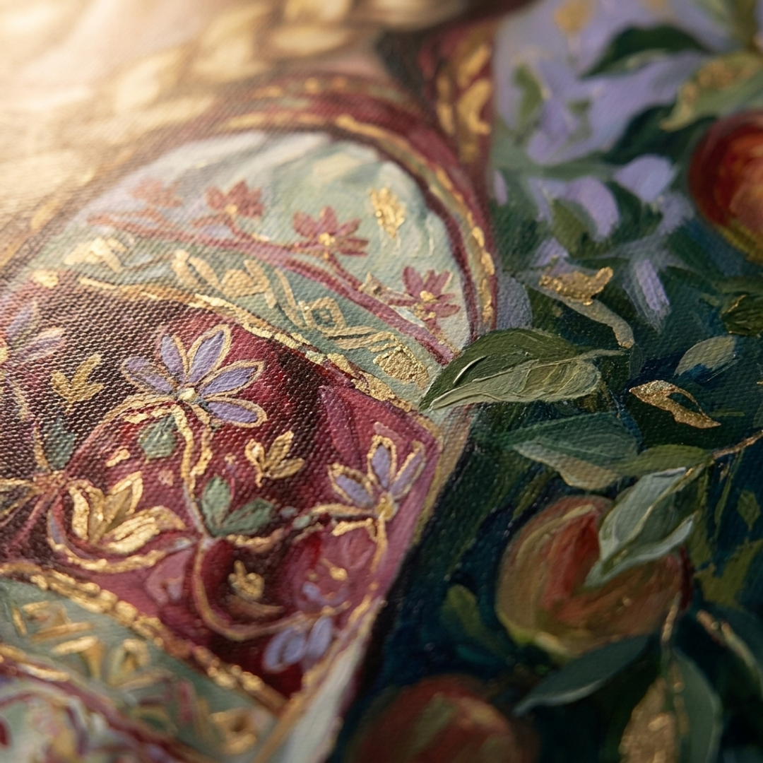 Makro detalj ručno oslikanih impasto poteza akrilnom bojom na površini slike, vidljiva tekstura i reljef — Papilora Crafted for Home.