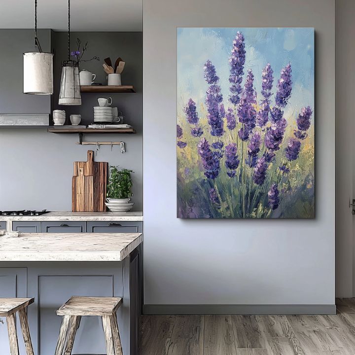 Ručno slikan slika na platnu s motivom šepot levandule, lavanda, cvijeće u plavo-zelenih nijansama, mirna atmosfera, priroda | Slika šepot levandule – proizvod