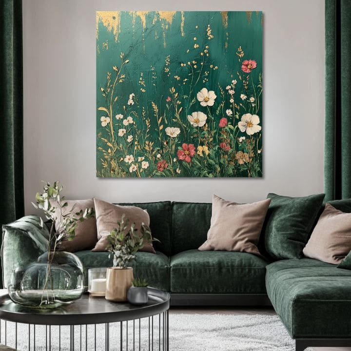 Ručno slikan slika na platnu s motivom bašta spomienok u tirkizno-kremih nijansama, mirna atmosfera, priroda i elegancija | Slika bašta spomienok – proizvod