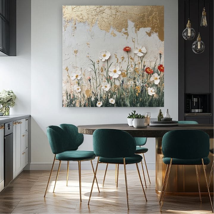 Ručno slikan slika na platnu s motivom zlatistý dotyk prirode, makovi, zlatni akcenti u bijelo-zlatnih nijansama, elegantna atmosfera | Slika zlatistý dotyk prirode – proizvod