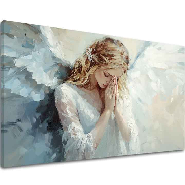 slika anđela na platnu – 3D vizualizacija canvasa sa vidljivim drvenim okvirom, Papilora Premium Art.