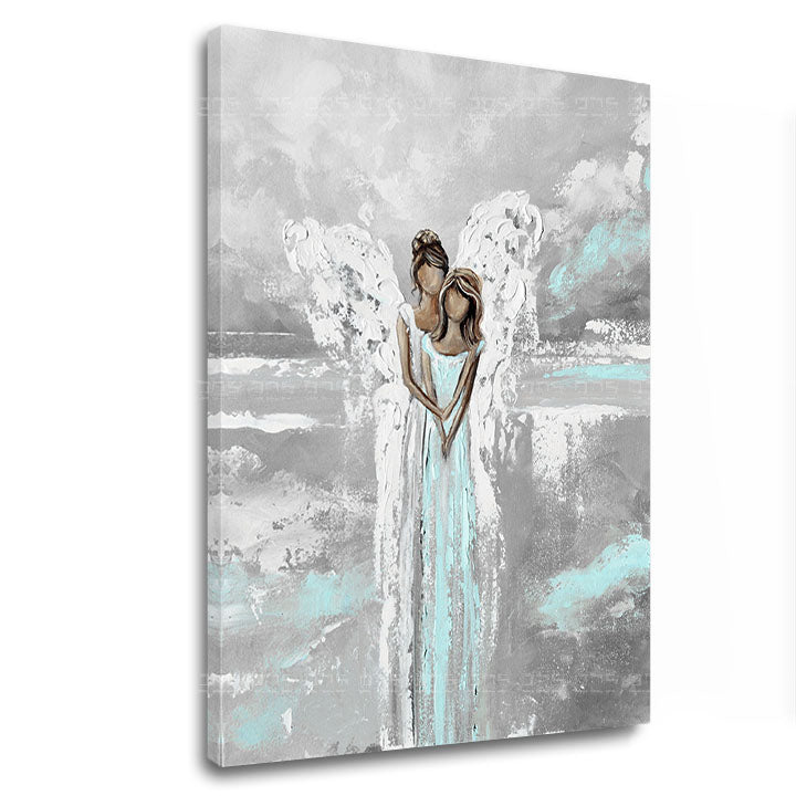 Moderan slika na platnu s motivom Nebeské objatie, anđeo, dječji motiv, mapa, religiozni motiv u bijelo-plavih nijansama, mirna atmosfera, pogodan za spavaće sobe – glavna