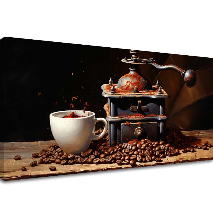 Vintage slika na platnu s motivom Čaro Obyčajných Vecí, šolja kafe u bijelo-smeđih nijansama, ugodna atmosfera, pogodan za kuhinje | Kafa slike za kuhinje Čaro Obyčajných Vecí – glavna