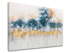 Art deko slika na platnu s motivom drveće, šuma, pejzaž, priroda u plavo-zlatnih nijansama, mirna atmosfera, priroda i minimalizam, pogodan za kuhinje – proizvod