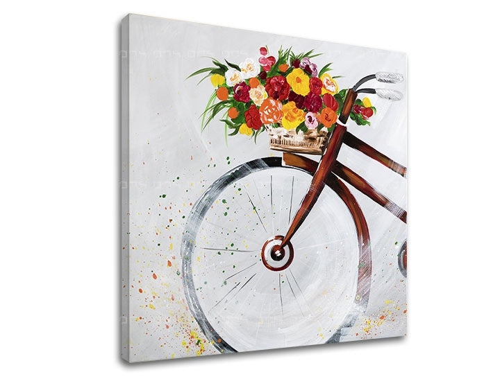 U boho stilu slika s motivom BICYKEL, cvijeće, dječji motiv u višebojnih nijansama | Slika na platnu BICYKEL, proljetna atmosfera i romantika – pregled