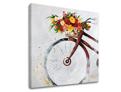 U boho stilu slika s motivom BICYKEL, cvijeće, dječji motiv u višebojnih nijansama | Slika na platnu BICYKEL, proljetna atmosfera i romantika – pregled