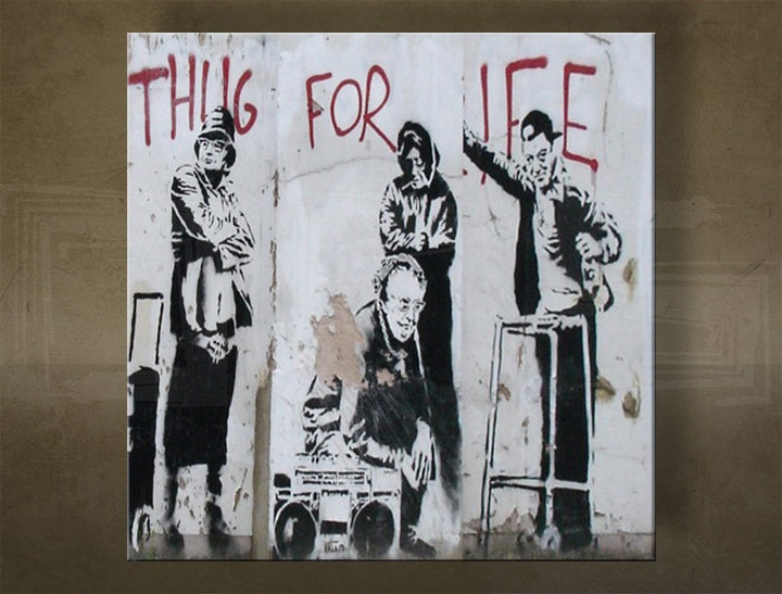 Klasičan slika na platnu s motivom Street ART – Banksy u bijelo-crvenih nijansama, gradski život, pogodan za kancelarije | Slika na platnu Street ART – Banksy – glavna