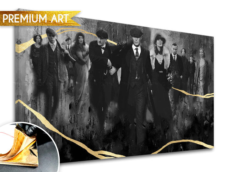 Ručno slikan slika na platnu s motivom PREMIUM ART – Peaky Blinders porodica u sivo-zlatnih nijansama, porodica i snaga i moć, pogodan za dnevnog boravka – proizvod