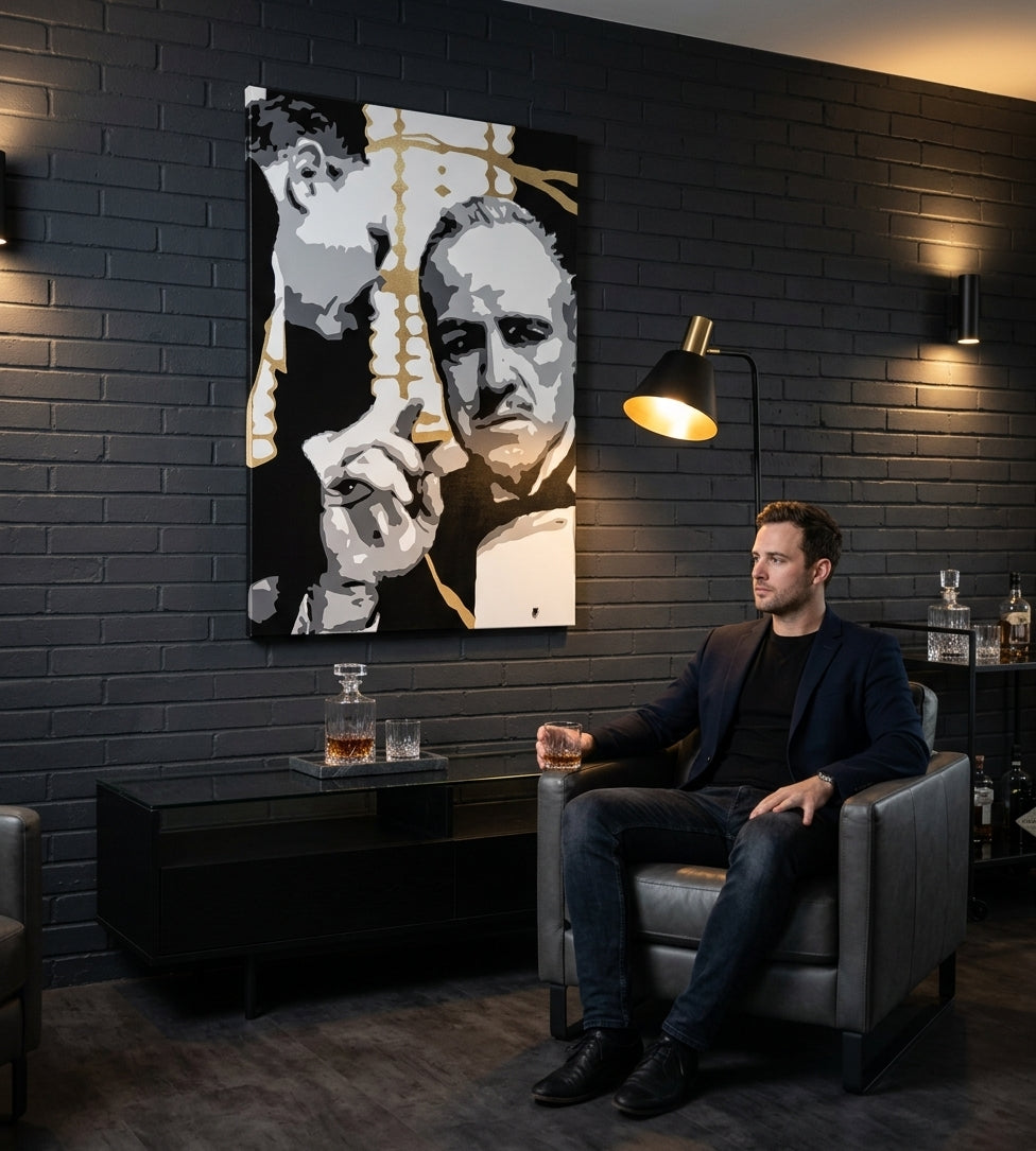 Ručno slikan slika na platnu s motivom PREMIUM ART – The Godfather, automobil u bijelo-zlatnih nijansama okačena u enterijeru dnevnog boravka, snaga i moć i porodica – enterijer, pogled 3