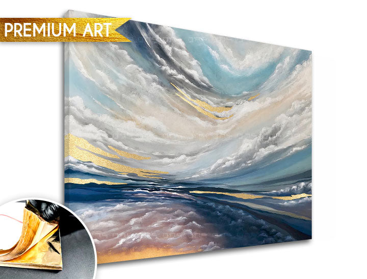 Ručno slikan slika na platnu s motivom PREMIUM ART – V oblakoch, oblaci, nebo, pejzaž u bijelo-plavih nijansama, eterična atmosfera, pogodan za spavaće sobe – proizvod