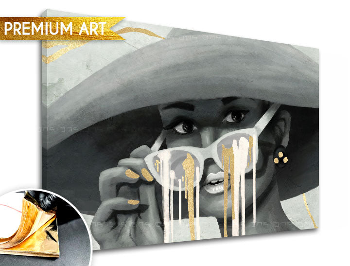 Pop art slika na platnu s motivom PREMIUM ART – Žena v klobúku, priroda u sivo-zlatnih nijansama, stilska atmosfera, ljepota i tajna, pogodan za spavaće sobe – glavna