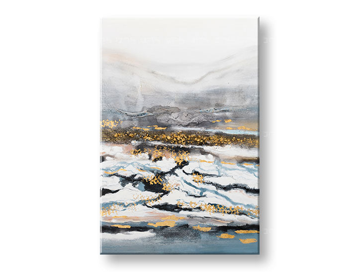 Art deko slika na platnu s motivom snijeg, pejzaž, more i plaža, priroda u bijelo-plavih nijansama, mirna atmosfera, priroda i minimalizam, pogodan za dnevnog boravka – glavna