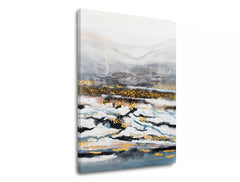 Art deko slika na platnu s motivom snijeg, pejzaž, more i plaža, priroda u bijelo-plavih nijansama, mirna atmosfera, priroda i minimalizam, pogodan za dnevnog boravka – proizvod