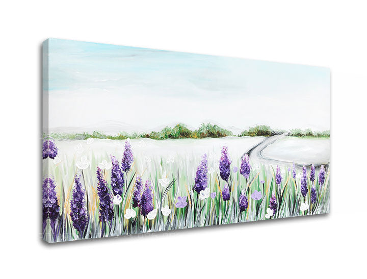 Moderan slika na platnu s motivom lavanda, polje, nebo, pejzaž, cvijeće u bijelo-ljubičastih nijansama, mirna atmosfera, priroda, pogodan za radne sobe – glavna