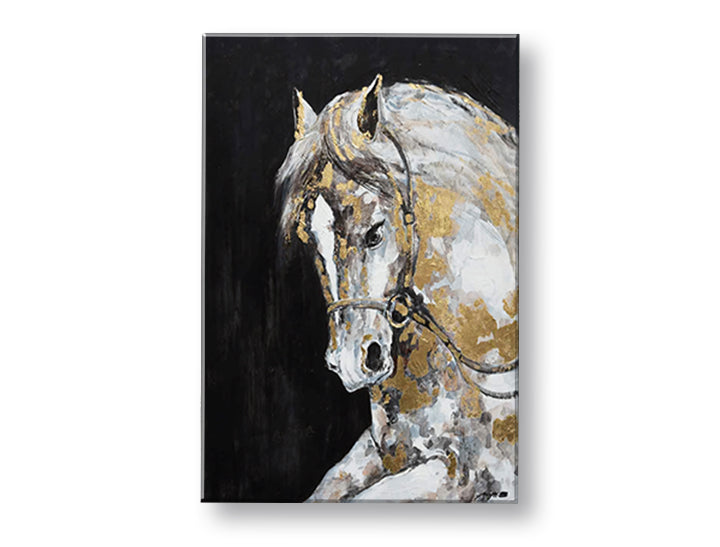 Art deko slika na platnu s motivom ŽREBEC, konj, životinja u bijelo-zlatnih nijansama, elegantna atmosfera, priroda i luksuzan utisak, pogodan za radne sobe – glavna