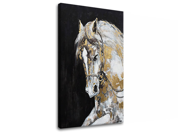 Art deko slika na platnu s motivom ŽREBEC, konj, životinja u bijelo-zlatnih nijansama, elegantna atmosfera, priroda i luksuzan utisak, pogodan za radne sobe – proizvod