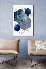 Geometrijski slika na platnu s motivom The Tight Reality u bijelo-plavih nijansama okačena u enterijeru kancelarije, sofisticirana atmosfera, elegancija – enterijer