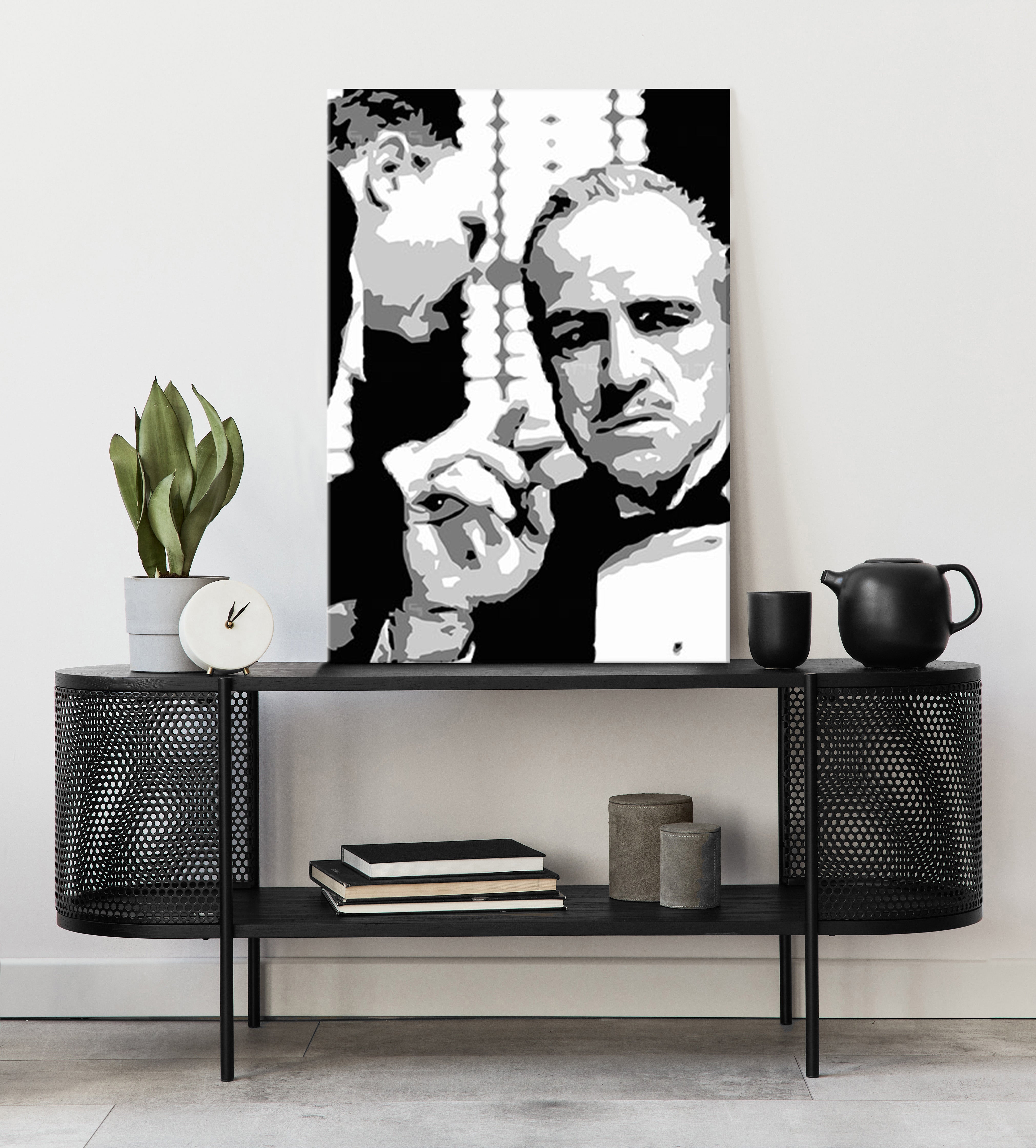 Moderan slika na platnu s motivom GODFATHER u crno-bijelih nijansama, dramatična atmosfera, porodica i snaga i moć | POP Art slika GODFATHER – glavna [XOBPPGFOH]