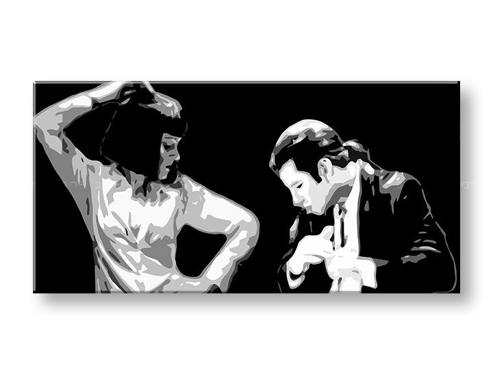 Pop art slika na platnu s motivom Pulp Fiction, muškarac u odijelu, priroda u bijelo-crnih nijansama, dramatična atmosfera, pogodan za kancelarije – proizvod
