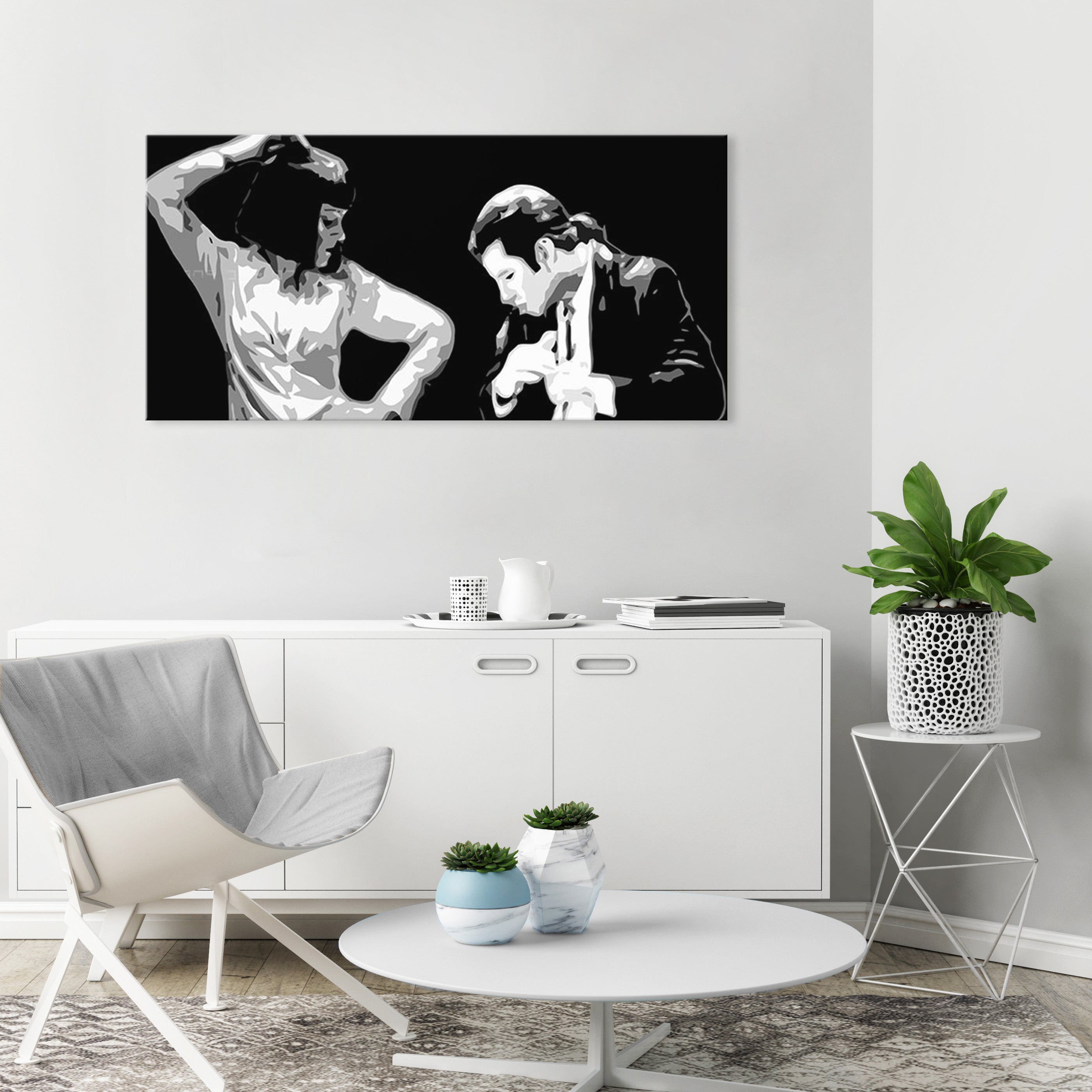 Pop art slika na platnu s motivom Pulp Fiction, muškarac u odijelu, priroda u bijelo-crnih nijansama, dramatična atmosfera, pogodan za kancelarije – glavna