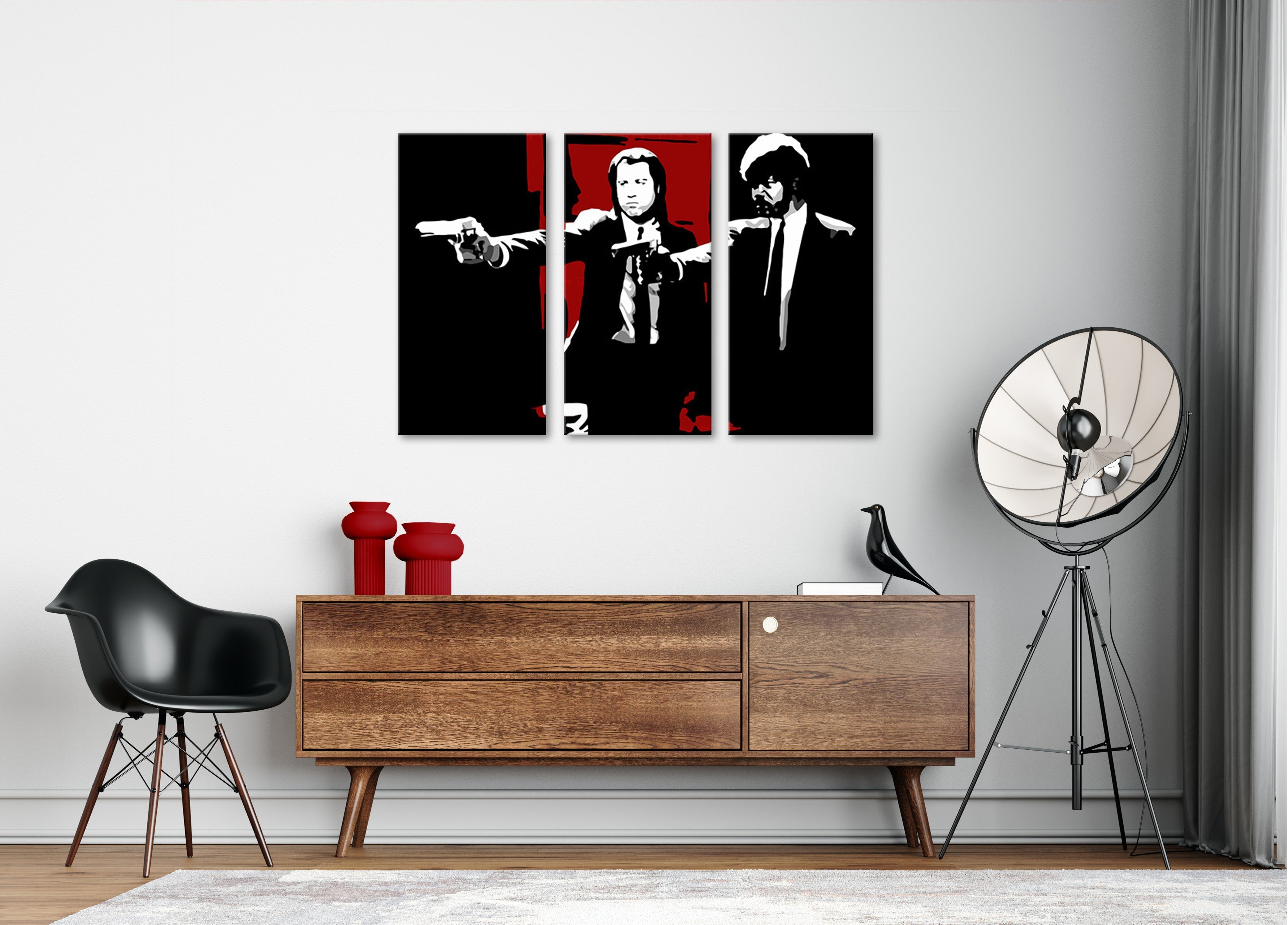 Pop art slika na platnu s motivom Pulp Fiction u bijelo-crvenih nijansama, intenzivna atmosfera, filmski svijet, pogodan za dnevnog boravka | POP Art slika Pulp Fiction – glavna