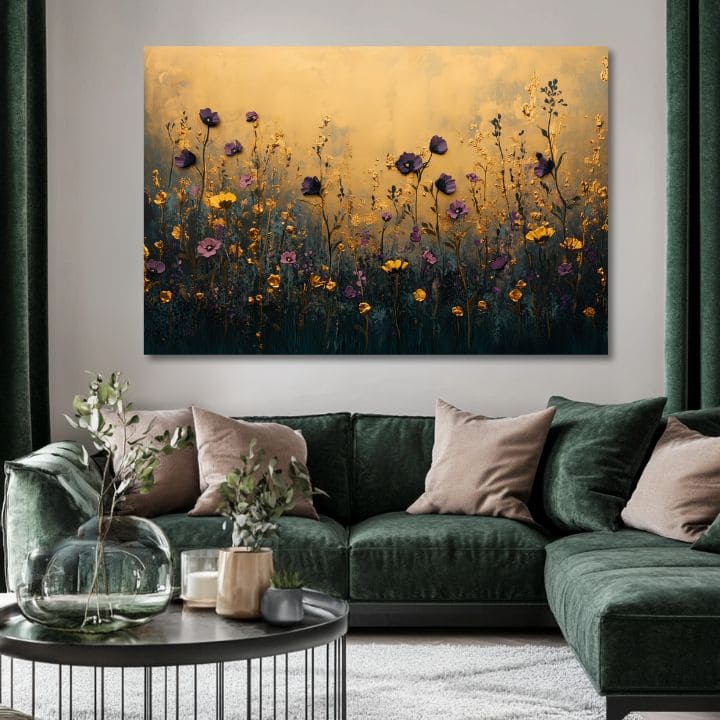 Ručno slikan slika na platnu s motivom večerná livada, makovi u zlatno-žutih nijansama, elegantna atmosfera, priroda i luksuzan utisak | Slika večerná livada – proizvod