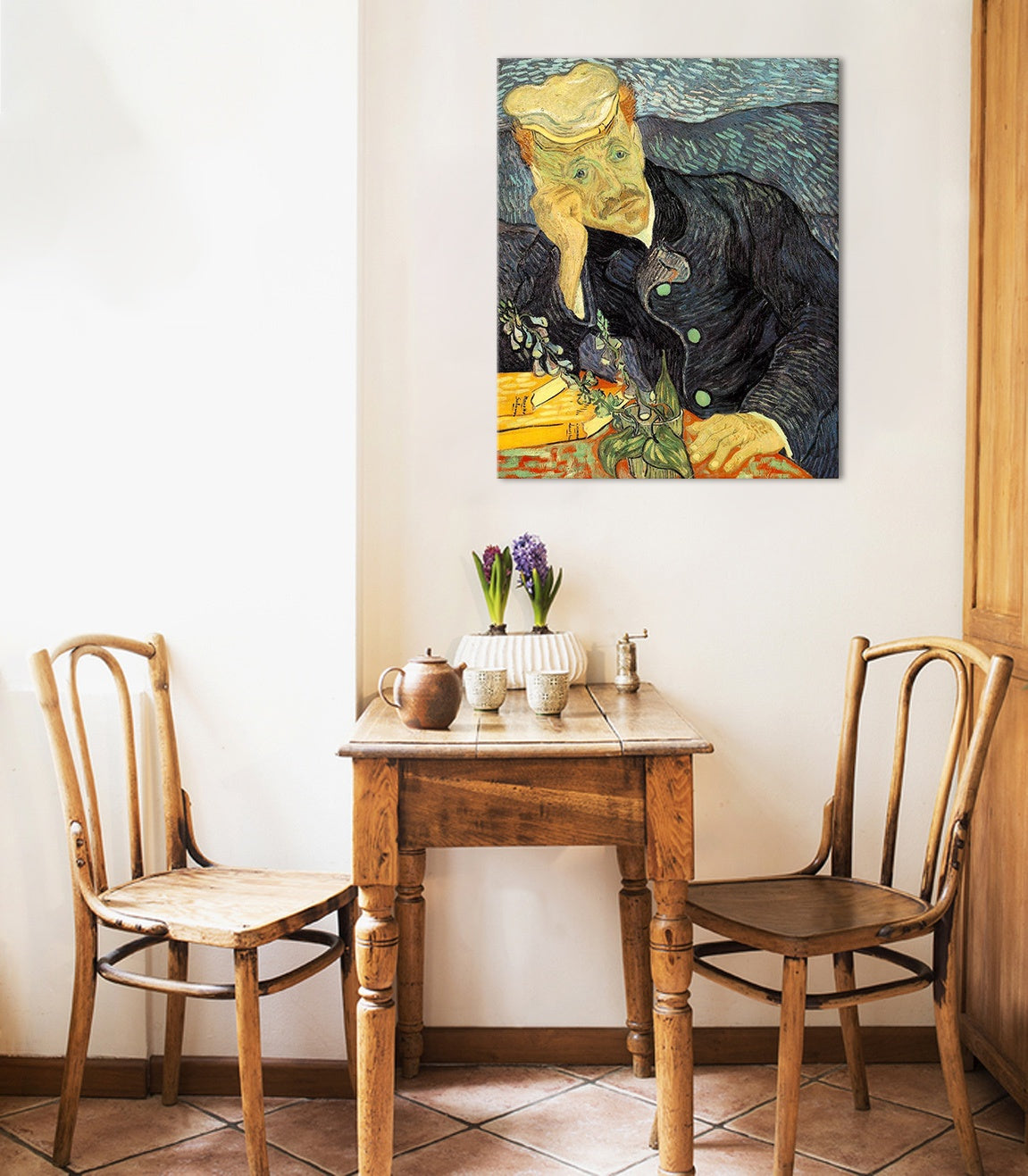 Vintage slika s motivom Vincent van Gogh - Portrét dr. Gacheta, cvijeće, priroda u plavo-zelenih nijansama | Slika na platnu Vincent van Gogh - Portrét dr. Gacheta – pregled