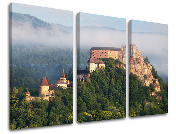 Klasičan slika na platnu s motivom SLOVAČKA, zamak, šuma, izmaglica, planine u smeđe-sivih nijansama, mirna atmosfera, priroda, trodijelna izvedba – glavna