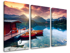 Pop art slika na platnu s motivom SLOVAČKA, planine, jezero, pejzaž, slovački motiv u ljubičasto-narandžastih nijansama, mirna atmosfera, trodijelna izvedba – glavna