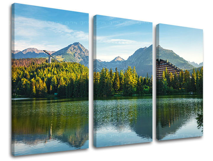 Klasičan slika na platnu s motivom SLOVAČKA, planine, jezero, šuma, arhitektura u plavo-zelenih nijansama, mirna atmosfera, priroda, trodijelna izvedba – glavna