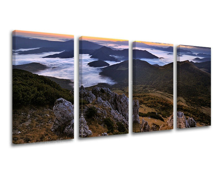 Klasičan slika na platnu s motivom SLOVAČKA, planine, magla, oblaci, pejzaž u ljubičasto-narandžastih nijansama, mirna atmosfera, priroda, višedijelna izvedba – glavna